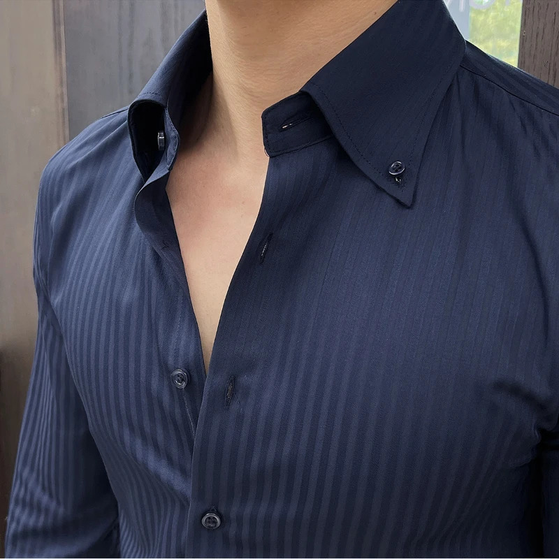 High-quality autumn mens long-sleeve dark striped slim-fit shirt business casual formal workwear M-4XL 251224