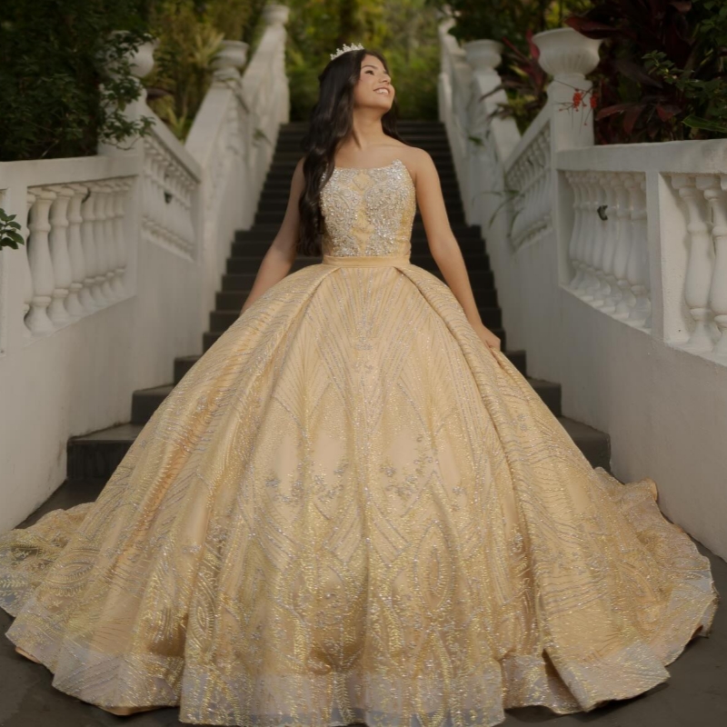 Champagne Shiny Quinceanera Dresses Ball Gown Off The Shoulder Sequin Applique Lace Beading Crystal Corset Party Birthday Sweet 16 Dres Vestidos 15 An