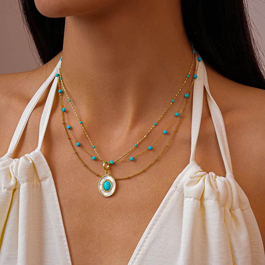 Natural Turquoise Oval Shell Pendant Necklace for Women Ethnic Style Exquisite Zircon Sexy Collarbone Chain Trendy Jewelry C1 251224