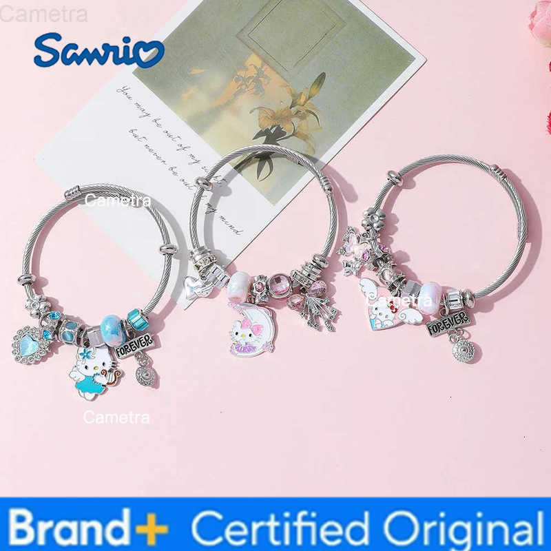 Sanrio Silver Hello Kitty Bead Bracelet Heart Charm Inspired Couple Jewelry for Women Girls Perfect for Halloween Accessories H251229