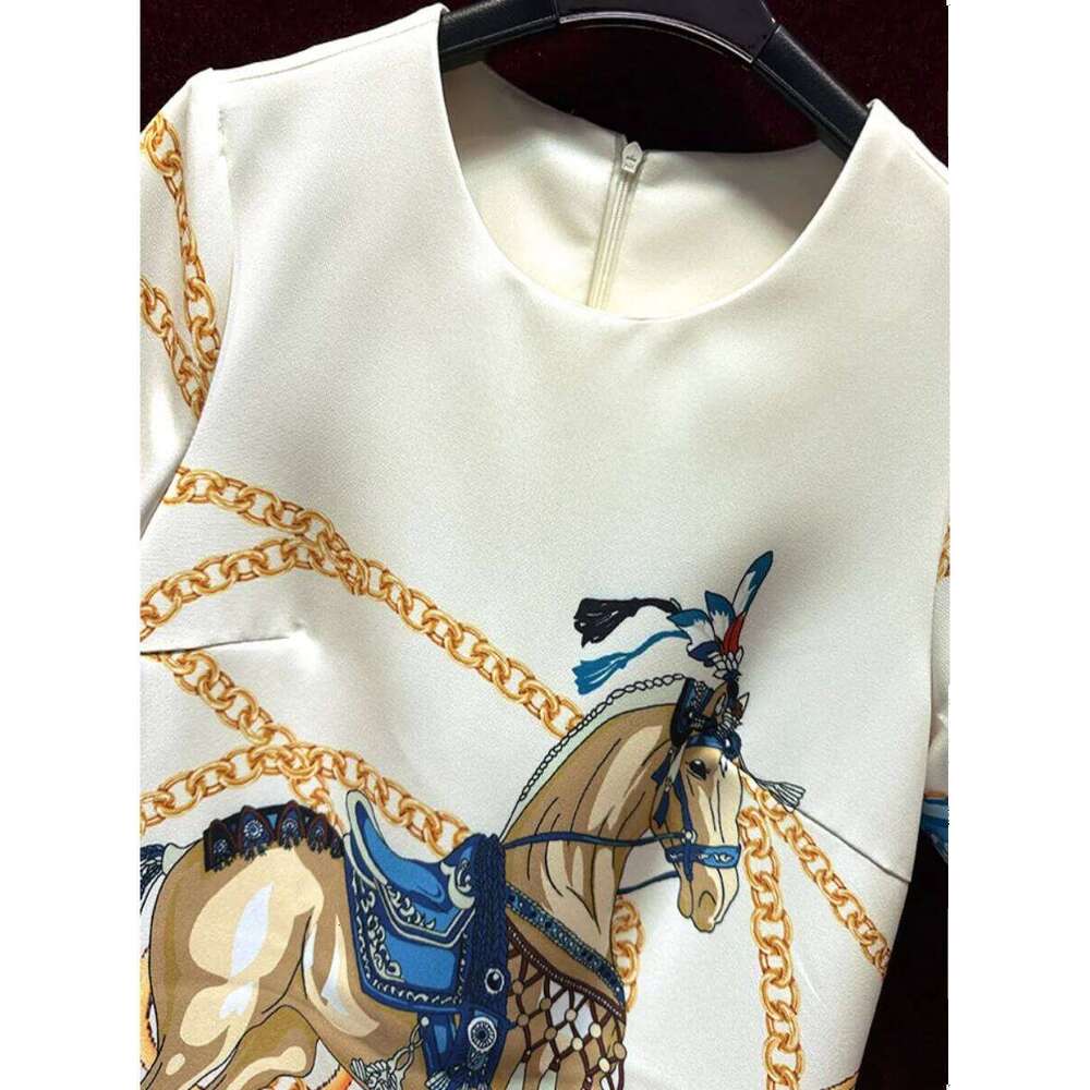 Socialite Vintage Print Short Sleeves A- Line European High-End Round Neck Loose Elegant Women's Dress Summer New