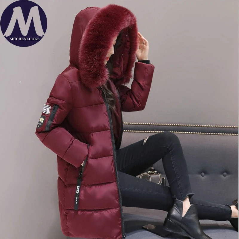 Elegant Winter Jacket for Women 2025 Hooded Fur Collar Thickened Warmth Korean Fashion Slim Fit Medium Length Parkas 251210