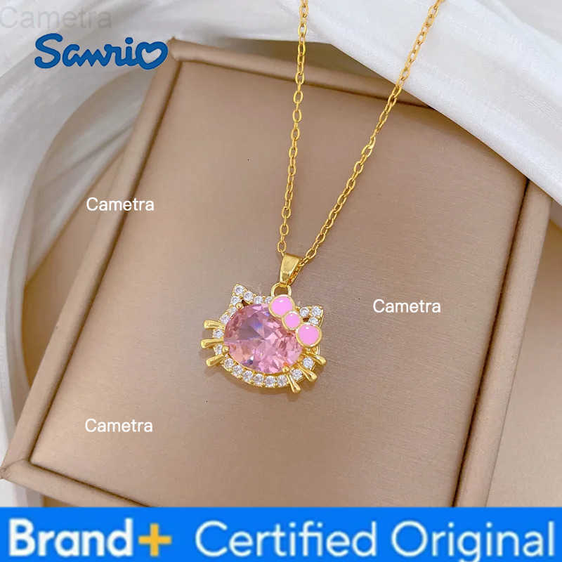 Sanrio Pink Crystal Hello Kitty Pendant Necklace for Women Girls Sweet Cute Stainless Steel Chain Jewelry Accessories Gifts H251229