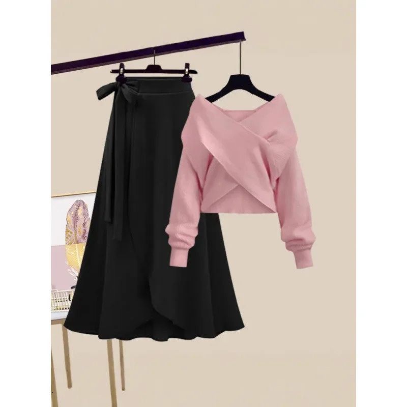 Autumn plus Size Womens Fashionable Slim Fit Cross Sweater High Waist Mini Skirt Two Piece Set Korean Style Streetwear 251219