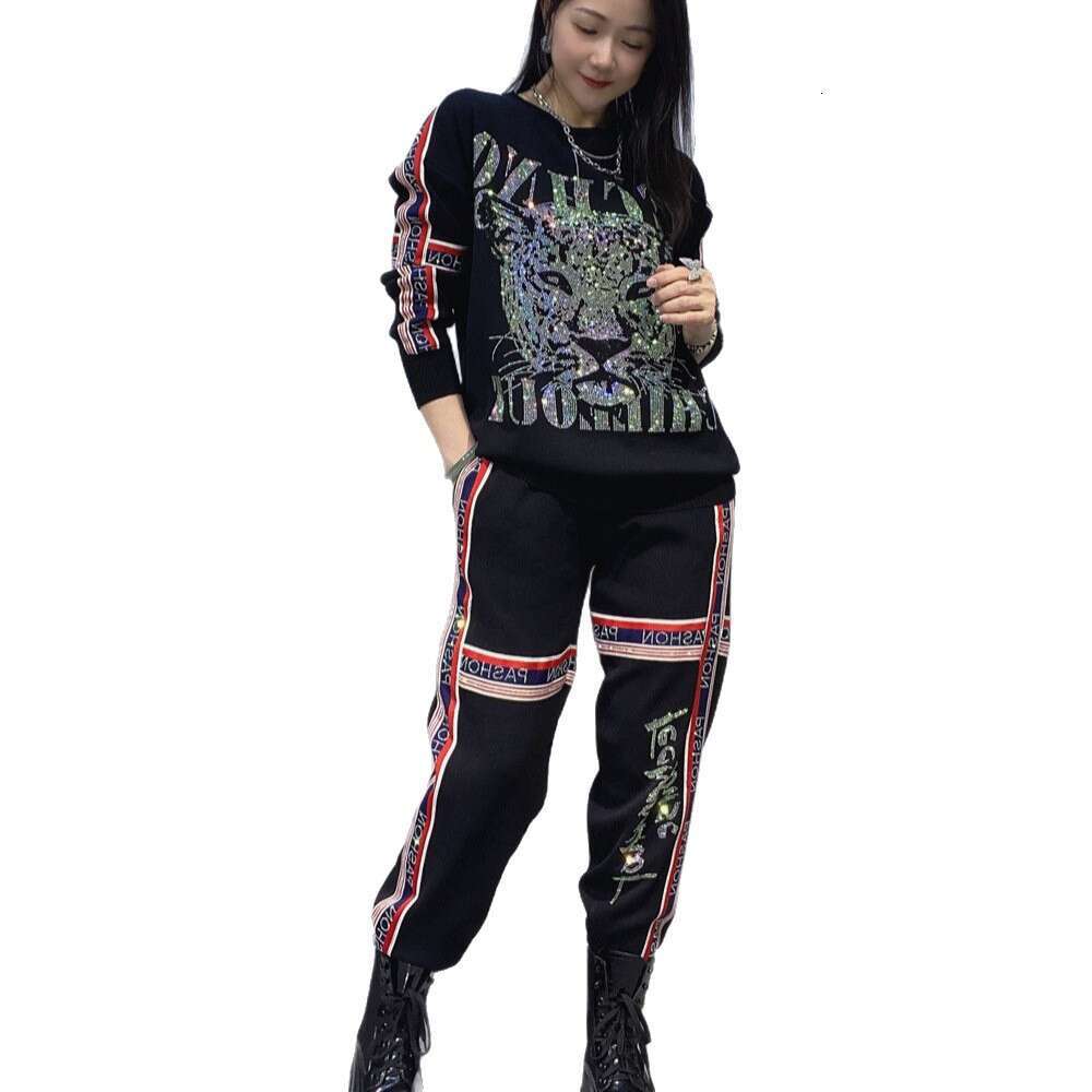 And American Women's Clothing Colorful Ribbon Splicing Long Sleeve Knitted Sweater Plus Size Trendy Brand European Goods Heavy Craft Rhinestone T