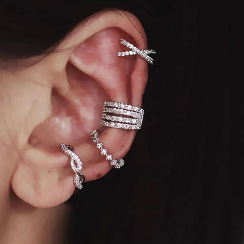 ZAKOL 4Pcs/1Pcs Creative Silver Color Zirconia Clip on Earrings for Women Geometric Ear Cuff Without Piercing Girl Jewelry