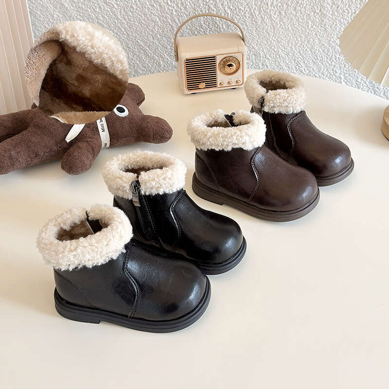 ins Children's British Style Martin 2024 Winter New Korean Version Girls' Fashion Short Thick Sole Fleece Cotton Boots