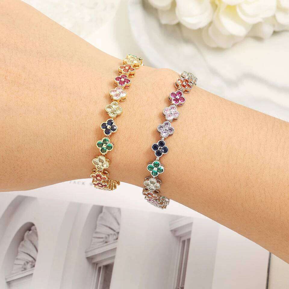 ZAKOL 2pcs/Set Colorful Random Zircon Flowers Bracelet Earring Set for Women Luxury Shining Crystal Bridal Wedding Party Jewelry