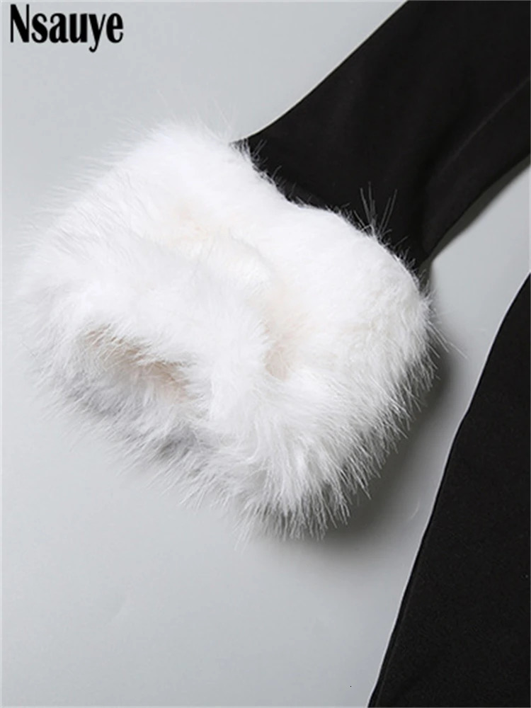 Nsauye Sexy Women Faux Fur Long Sleeve Black Night Club Evening Party Dress Wrap Winter Fashion Elegant Bodycon Dress 2025 251225