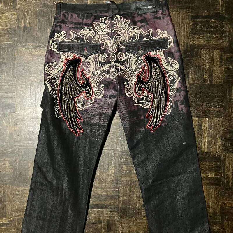 Streetwear New Fashion Big Pattern Embroidered Baggy Jeans Women Y2K Rock Hip Hop Retro Popular Casual High Waist Wide Leg Pants