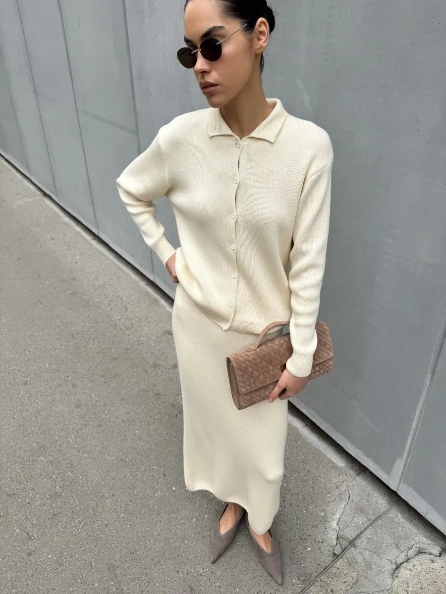 Blubelle Womens Autumn Winter Polo Collar Knit 2-Piece Set Cardigan Skirt Loose Casual Solid Color Knitted Sweater Outfit 251219