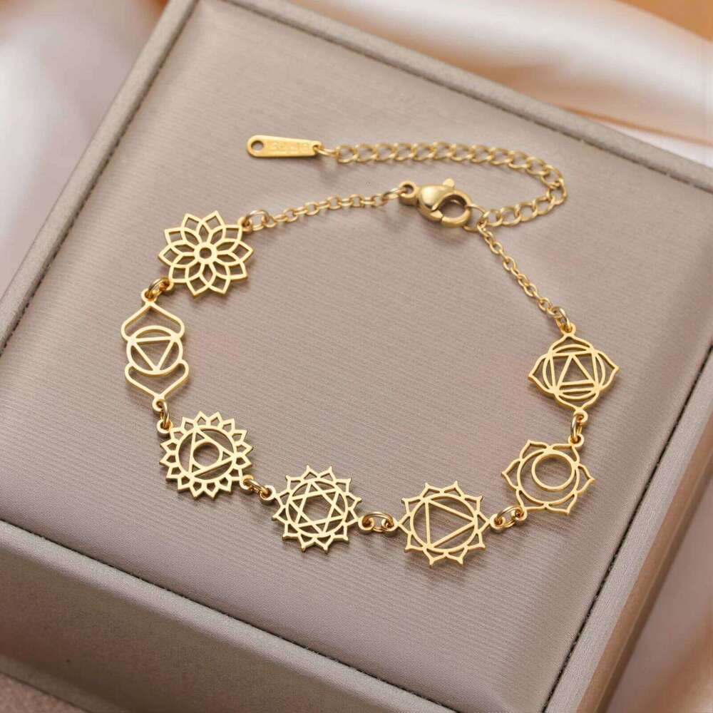 Skyrim 7 Chakras Yoga Charm Bracelet Stainless Steel Gold Color Hand Bracelets Women Spiritual Jewelry Birthday Gift New In 25H1229