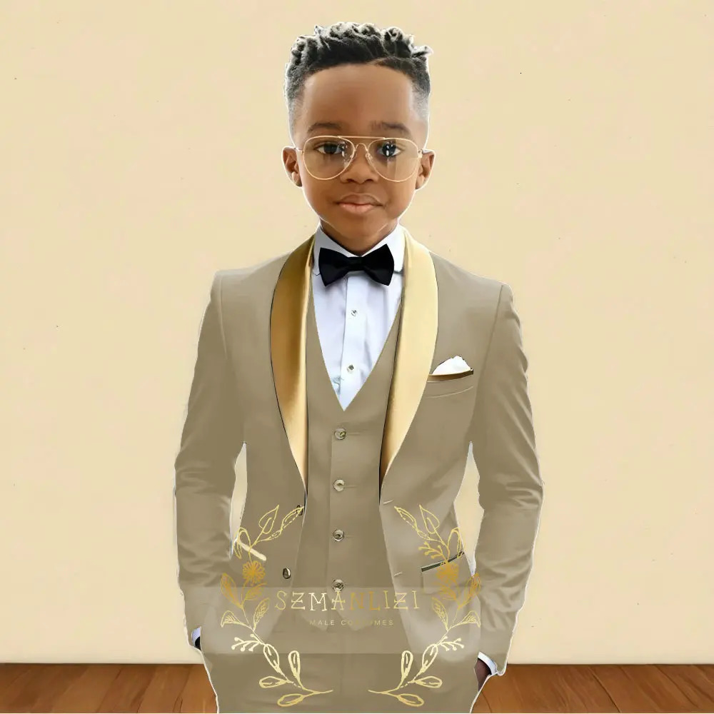 Oil Green Boys Suit 3 Pieces Wedding Tuxedo for Kids Jacket Pants Vest Gold Shawl Lapel Child 2-16 Years Old Customized Outfit 251229
