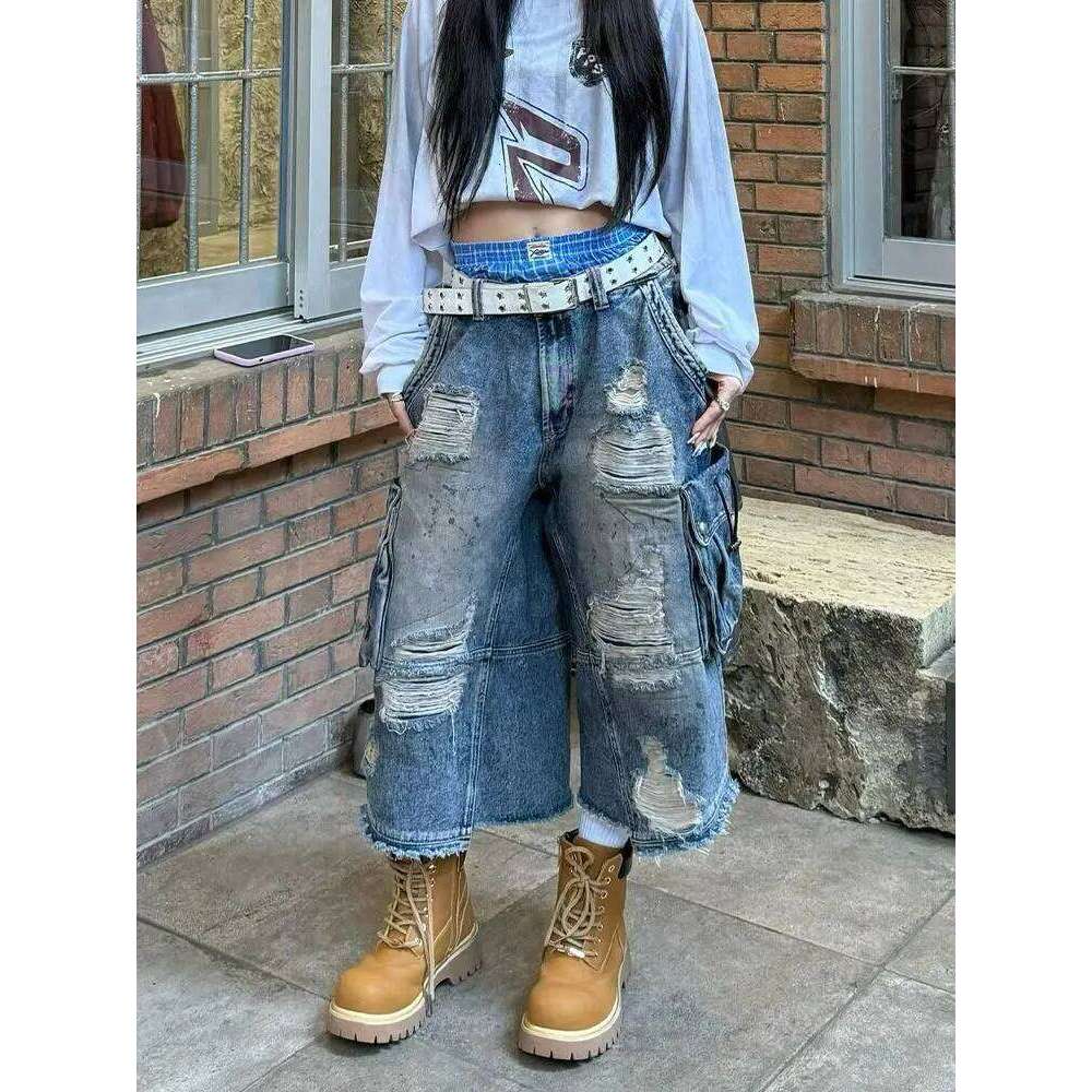 2025 American Vintage Old Baggy Slim Machete Shorts Female Y2K Harajuku Hot Girl Washed Hole Denim Cropped Pants Tide
