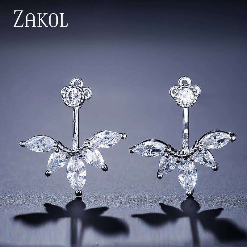 ZAKOL Fashion Leaf Stud Earrings For Women Girls Simpe Cubic Zircon Earring Jackets Party Jewelry