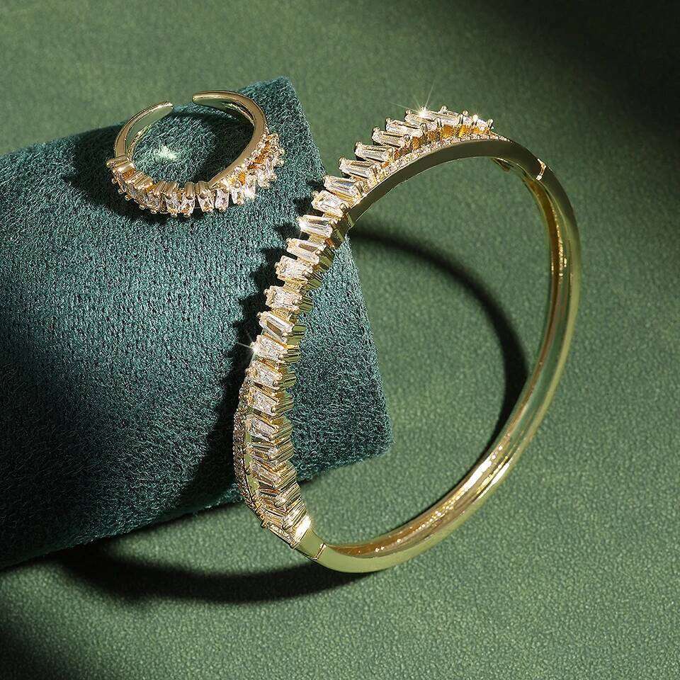 ZAKOL Brand Classic Baguette Cubic Zirconia Ring Bracelet Set Luxury 18K Gold Color Wedding Engagement Party Jewelry Sets