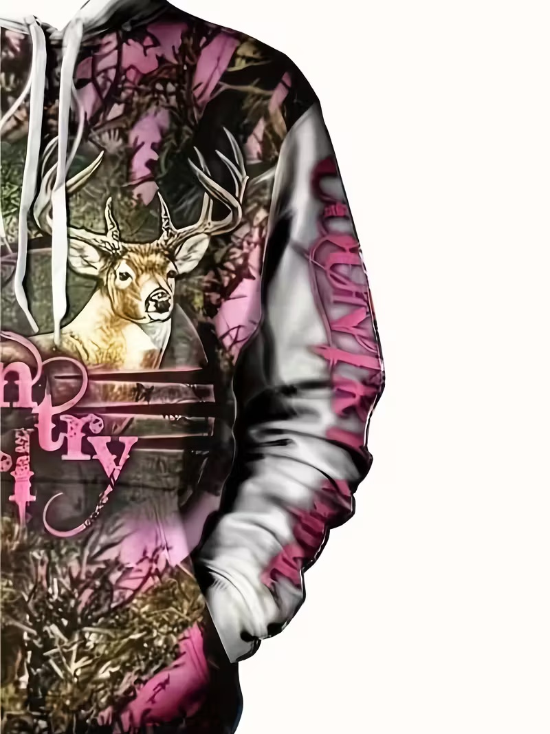 Trendy Men's Hoodie with Pink Camouflage Deer Head Country Girl Print Relaxed-Fit Casual Outdoor-Style Pullover Hoodie