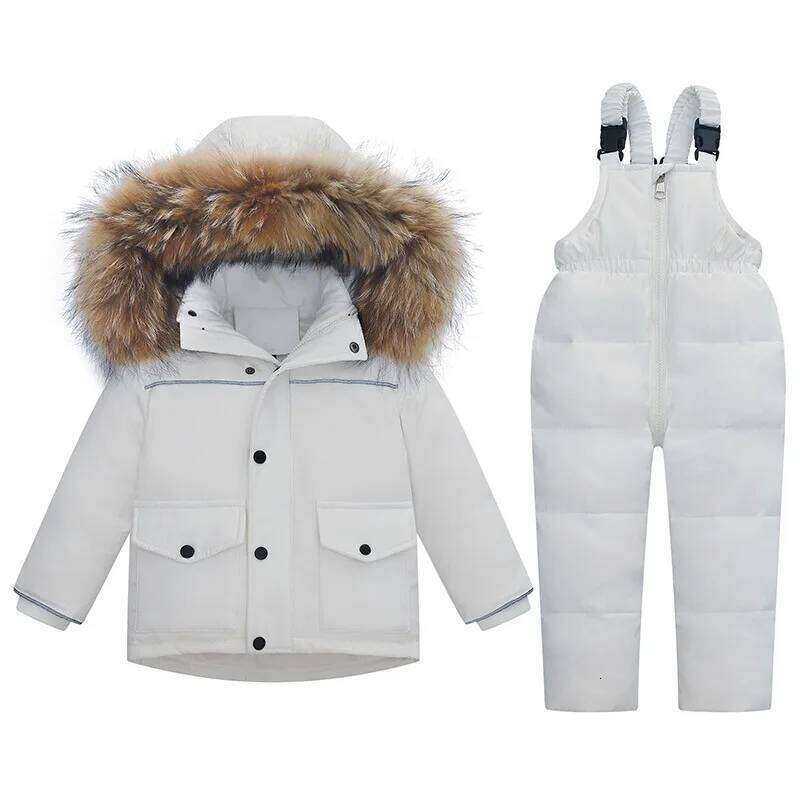 -30 Degree Winter Boys' Camouflage Down Jacket Waterproof Real Fur Girls' Ski Suit 1-5 Years Old Children's Snow Set SPLELED