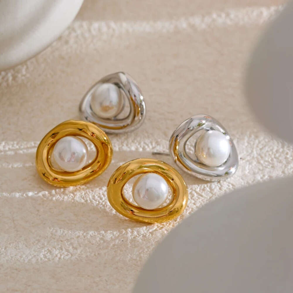 Yhpup Fashion Stainless Steel Simulated Pearls Hollow Oval Geometric Stud Earrings Prevent Allergy Metal Arrival Jewelry Daily Liuyuemoshang