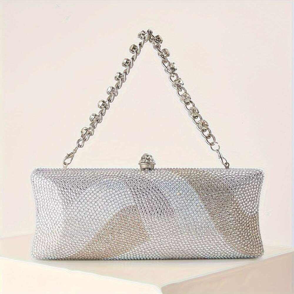 JINXIANGGUO Petite Sparkling Clutch Rhinestone Print Detachable Wrist Strap Long Chain Evening