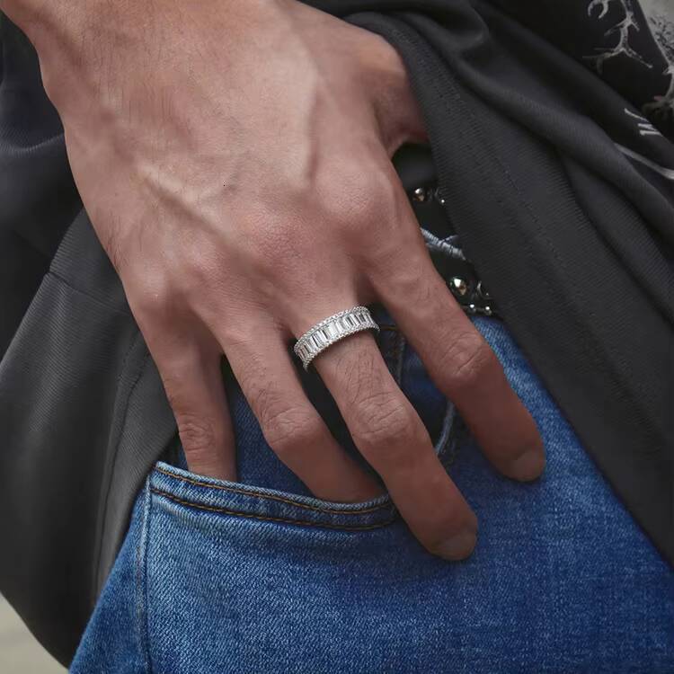 Fashion Moissanite Ring 925 Solid Silver with GRA Certificate Baguette Moissanite Engagement Ring Mens Hip Hop Ring