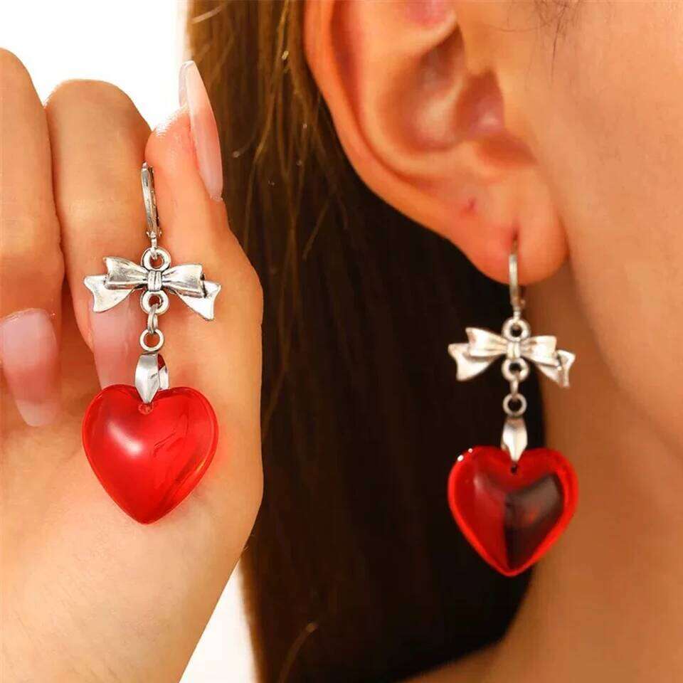 ZAKOL Y2k Sweet Harajuku Red Glass Love Heart Dangle Earrings for Women Hot Girls Korean Fashion Punk Bowknot Ear Accessories