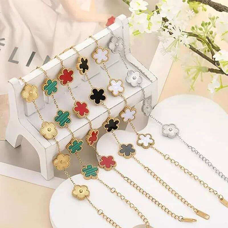 Lucky Clover Women's Hand Double Sided Flowers Jewellery Gifts Stainless Steel Bracelet Gold Plated Bracelets Man 25H1229
