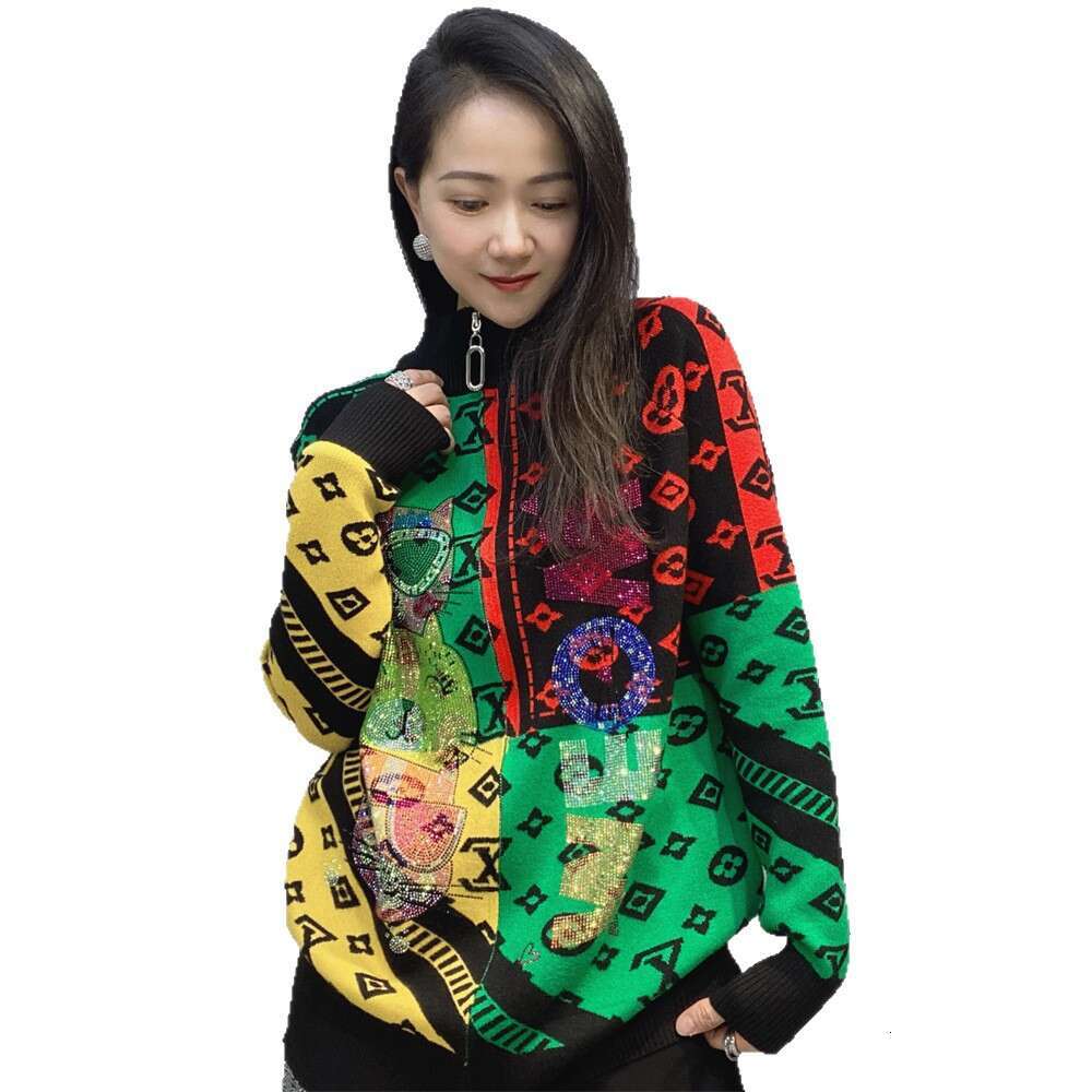 Clothing Colorful Knitted Sweater Jacket Women's Autumn And Winter New Heavy Craftwork Hot Drilling Stand Collar Zipper Cardigan Top