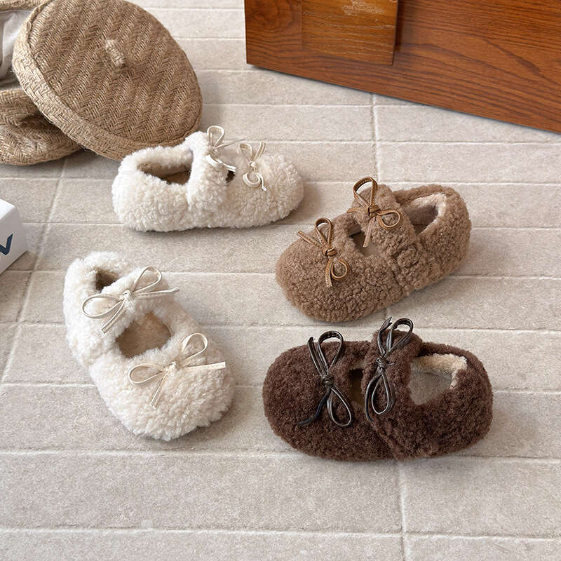 Children's Furry 2025 Autumn Winter New Korean Style Girls' Bow Princess Soft Sole Fleece Lined Warm Cotton Shoes