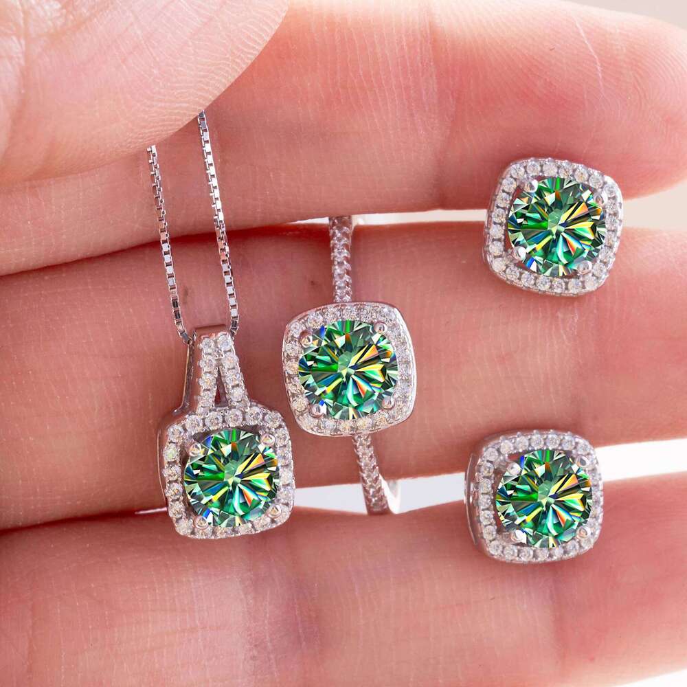 Women's Round Cut D Color Moissanite Set Real 925 Silver Pendant Necklace and Stud Earrings female dating fine Jewelry 52c