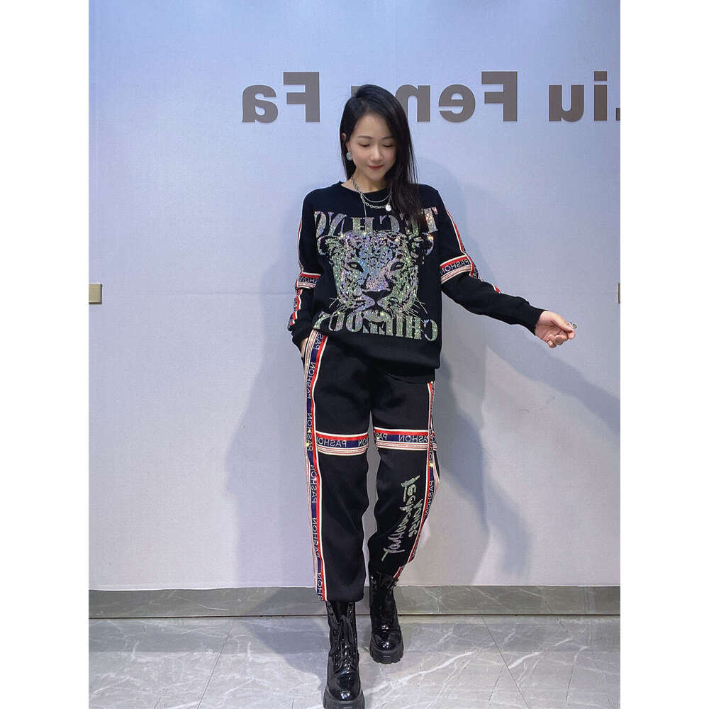 And American Women's Clothing Colorful Ribbon Splicing Long Sleeve Knitted Sweater Plus Size Trendy Brand European Goods Heavy Craft Rhinestone T