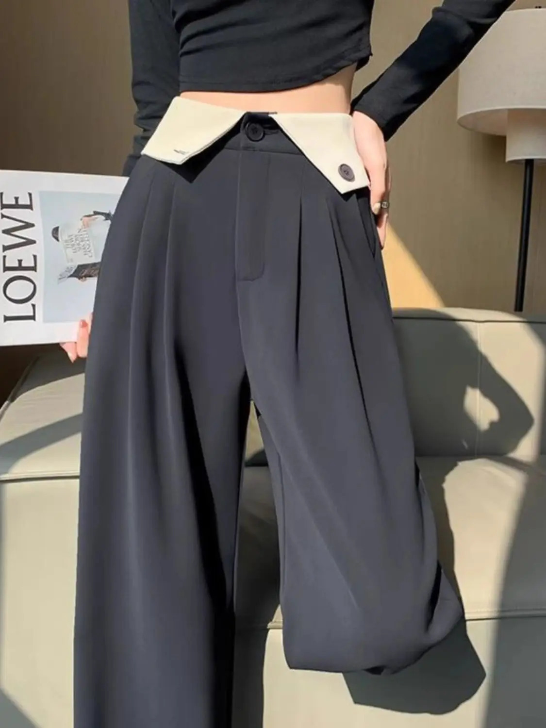 Flip Draped Wide-leg Pants for Women in Spring and Summer Thin n High Waist Casual Slim Black Straight Floor Suit Pants 251219