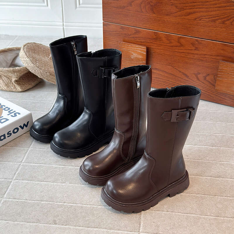 INS Children's Long 2025 Winter New Korean Style Girls' Thick-Soled Fleece-Lined High Side Zipper Riding Boots