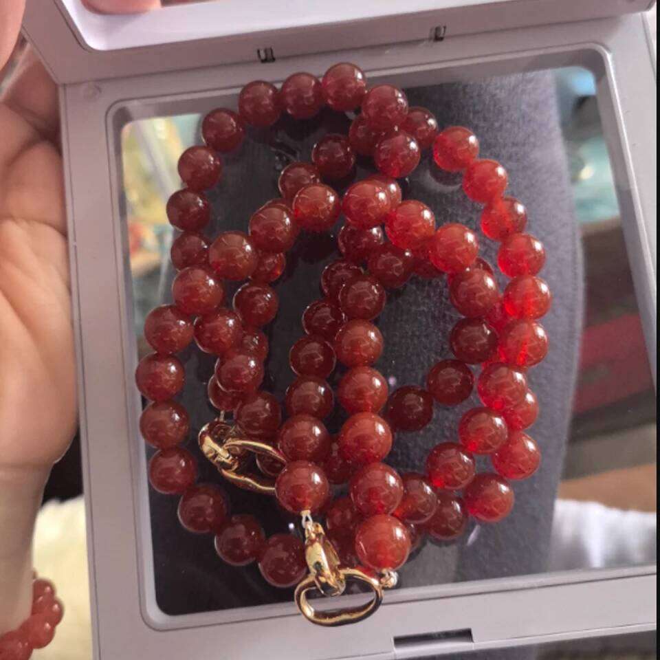 ZAKOL 8mm/10mm Dark Red Agate Natural Stone Strand Beaded Necklace Double Toggle Clasp Sweater Chain Choker for Women