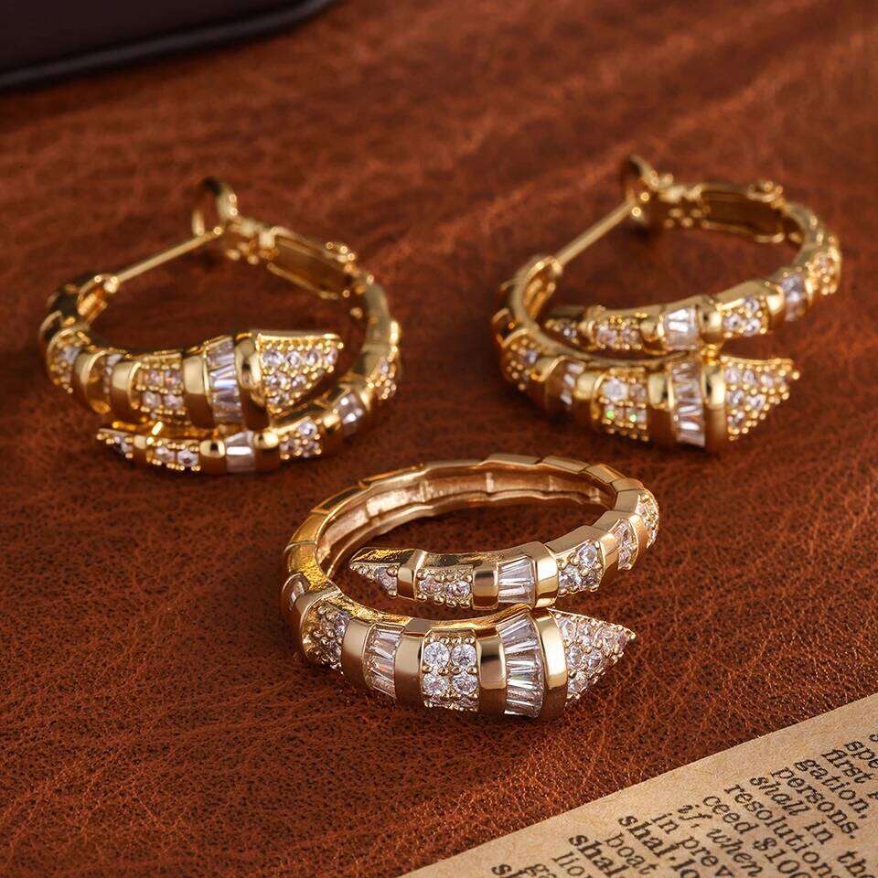 ZAKOL Trendy Snake Bone Shape Open Rings For Women Gold Silver Color Crystal Copper Ring Earrings Women's Daily Wear Jewelry Set