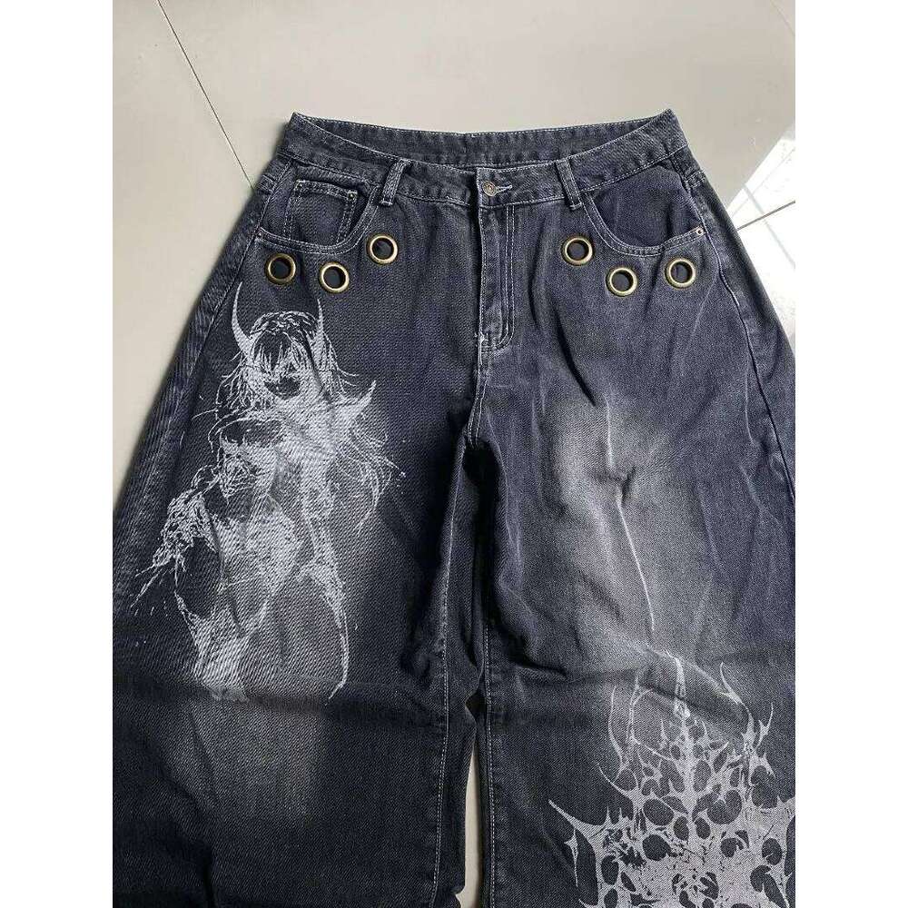 American New Fashion Oversized Pattern Printed Washed Jeans Men Y2K Gothic Rock Popular Casual Joker High Waist Wide Leg Pants