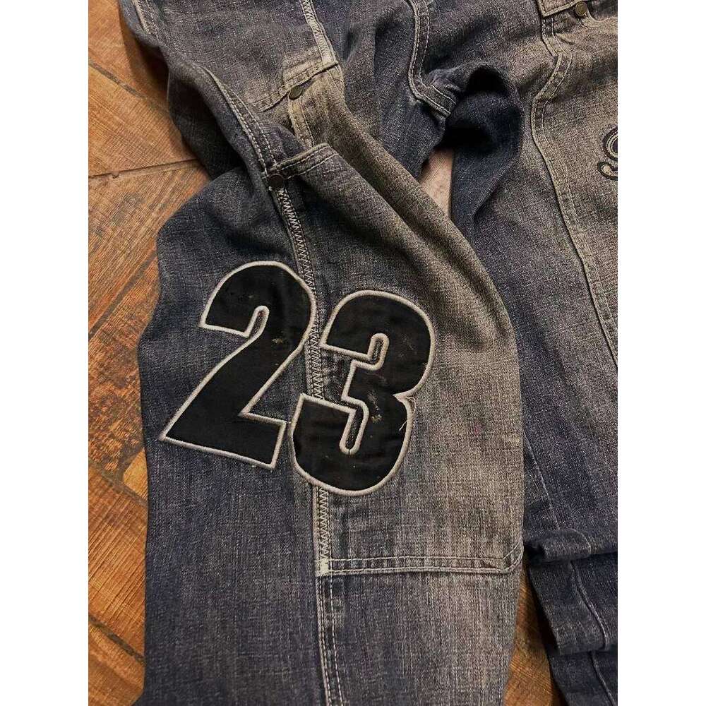 Y2K Fashion Letters Embroidered Big Pockets Washed Baggy Jeans Women High Street Vintage Hip Hop Popular Wild Wide-leg Pants