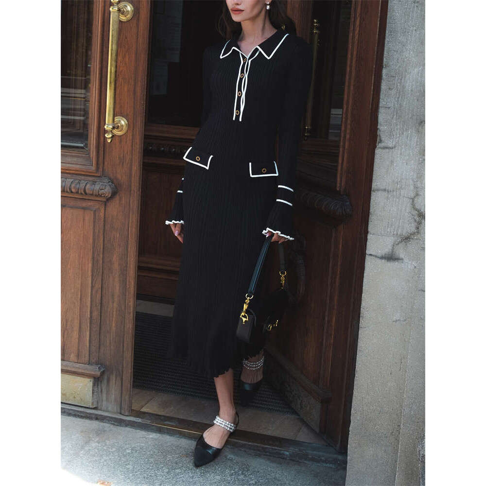 Dress for women French Style Light Luxury Ruffled Knitted 2026 New Autumn Winter Sweater Turn-Down Collar Slim Mid-Length Dress, Office Casual Wear