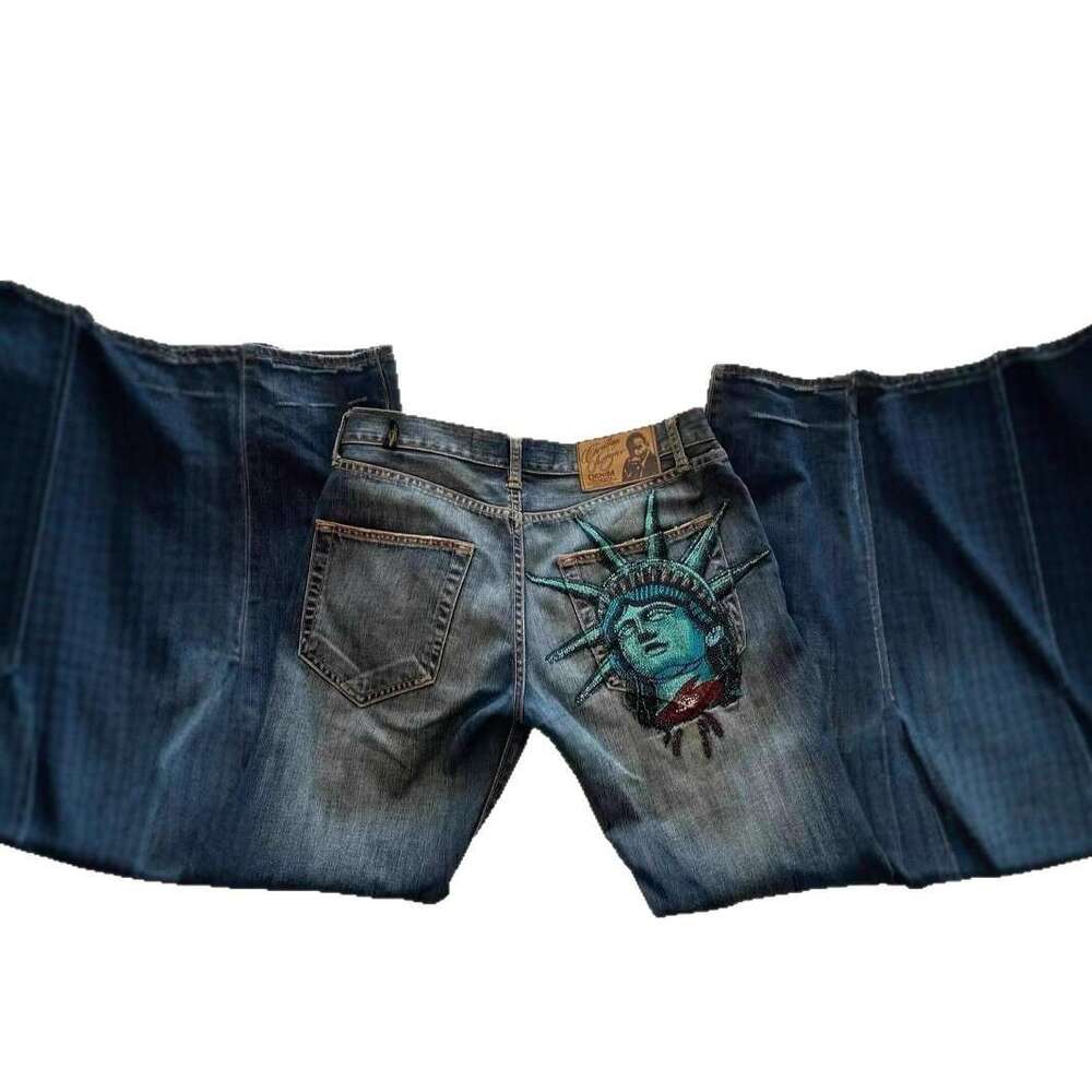 2025 New European American Cross-Border Statue of Liberty Vintage Washed Jeans for Men and Women Trendy Straight-Leg Pants