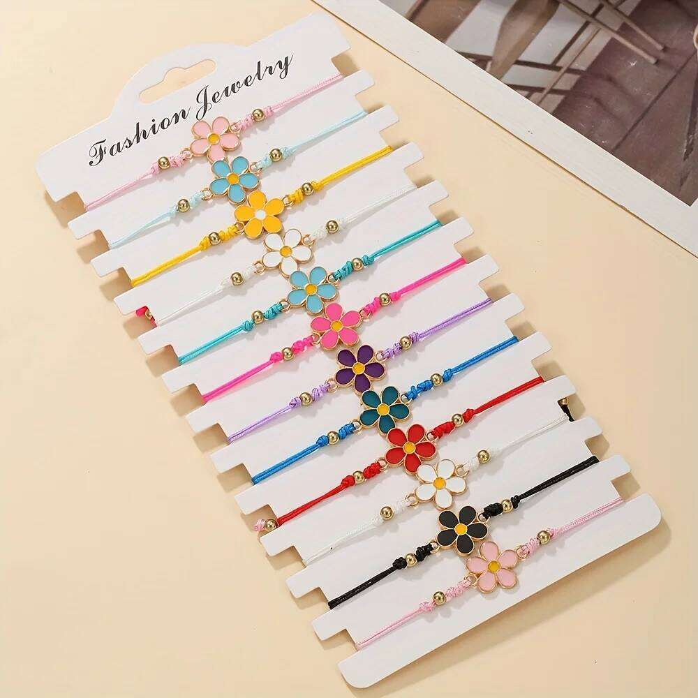12pcs Set of Sweet and Adorable Colorful Floral Elements Adjustable Handmade Braided Bracelets, Perfect for Daily Wear 25H1229