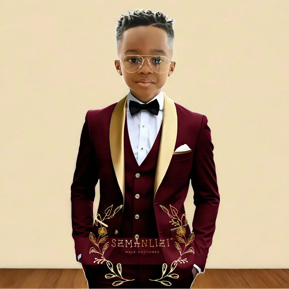 Oil Green Boys Suit 3 Pieces Wedding Tuxedo for Kids Jacket Pants Vest Gold Shawl Lapel Child 2-16 Years Old Customized Outfit 251229