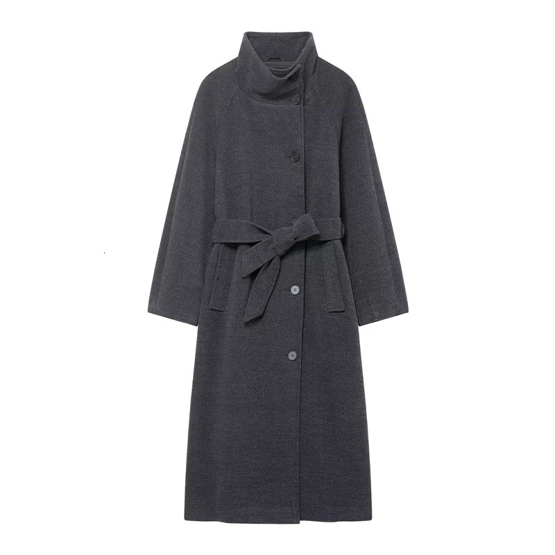 2Piece Womens Long Trench Coat Set Dark Grey Black Stand Collar with Waist Belt ButtonUp Wool Blend Outerwear 251216