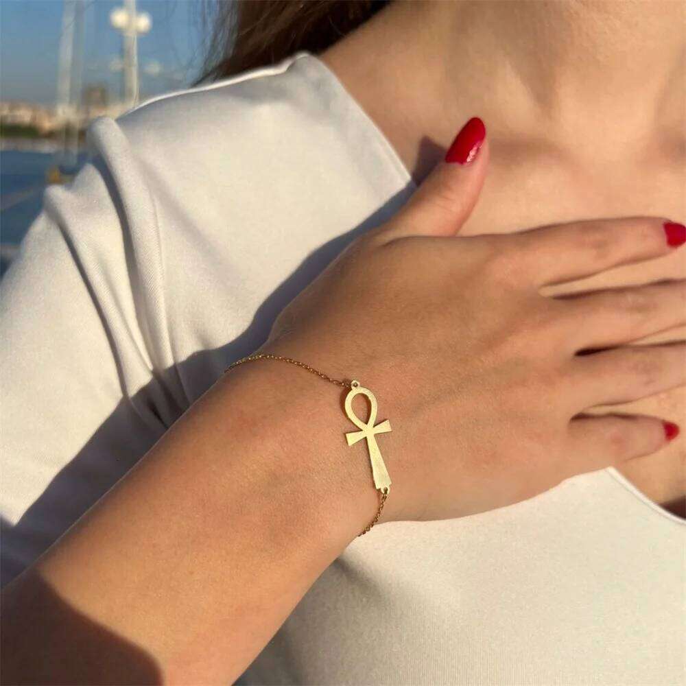 Minimalist Ancient Egypt Ankh Bracelet for Women Gold Color Stainless Steel Cross Wrist Chain Bangle Vintage Egyptian Jewelry 25H1229