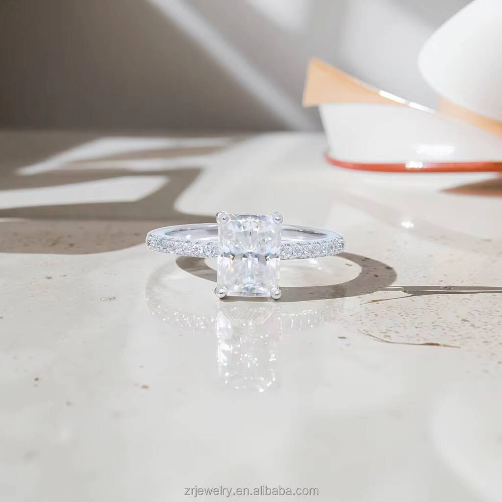 Radiant Cut Micro-Pave Setting Minimalist Stylish Sterling Silver S925 4-Prong Ring Moissanite Engagement Ring