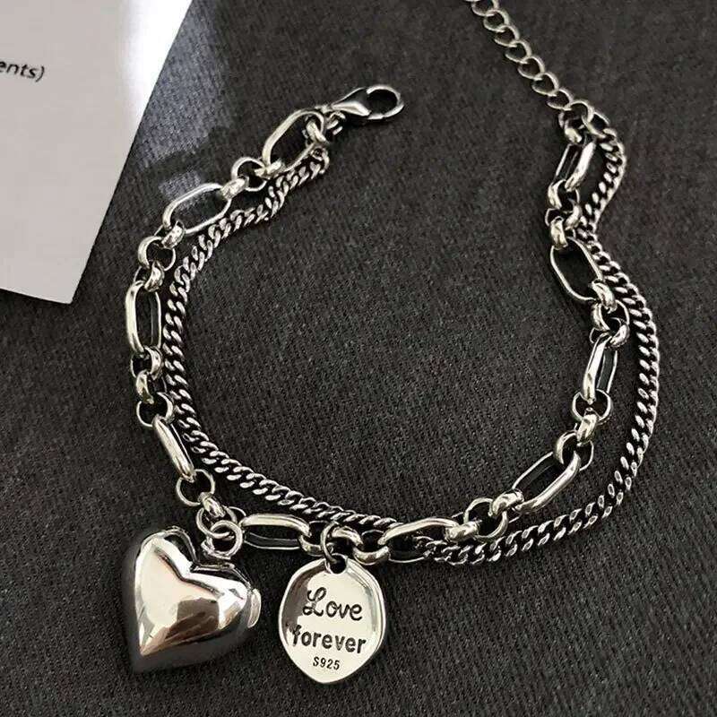 Elegant 925 Sterling Love Letter Heart Double Layer Bracelet Female Unique Design Thai Silver Retro Light Luxury Jewelry 25H1229