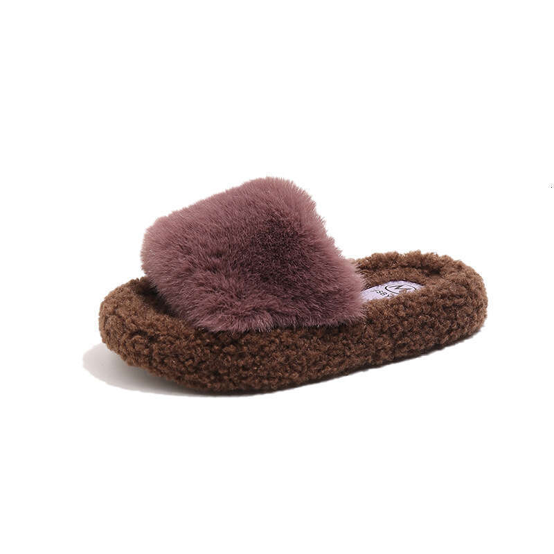 Ins Slip-On Furry 2025 Autumn Winter New Korean Style Girls' Outdoor Thick-Soled Plush One-Word Cotton Slippers