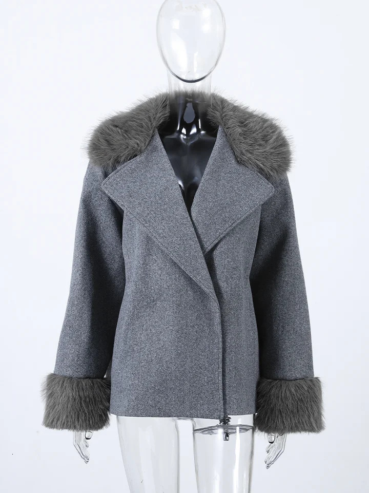 Winter Warm Fur Spliced Woolen Coat Women Loose Lapel Long Sleeve Solid Female Jacket 2025 Autumn Lady Elegant Outwear 251216