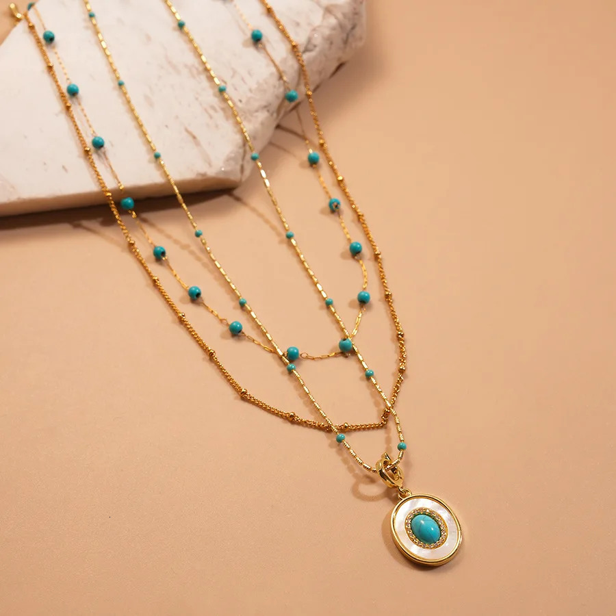 Natural Turquoise Oval Shell Pendant Necklace for Women Ethnic Style Exquisite Zircon Sexy Collarbone Chain Trendy Jewelry C1 251224