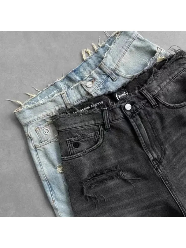 HOUZHOU Washed Ripped Short Jeans Women and Man Hole Embroidery Wide Leg American Retro Jorts Baggy Casual Streetwear Summer 251223