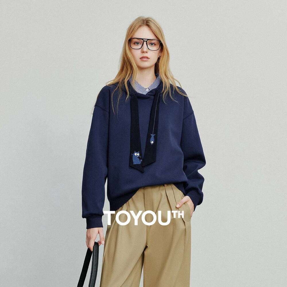 Women Hoodies Sweatshirt 2025 Autumn New College Style Cat Embroidery Tie Cotton Hooded Pullover Tops